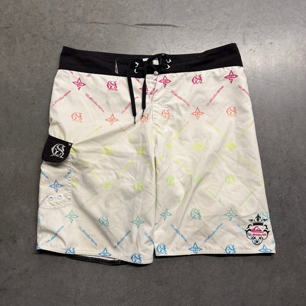 Quiksilver Mens Board Shorts White Rainbow Monogram Print Swim Trunks Size 34